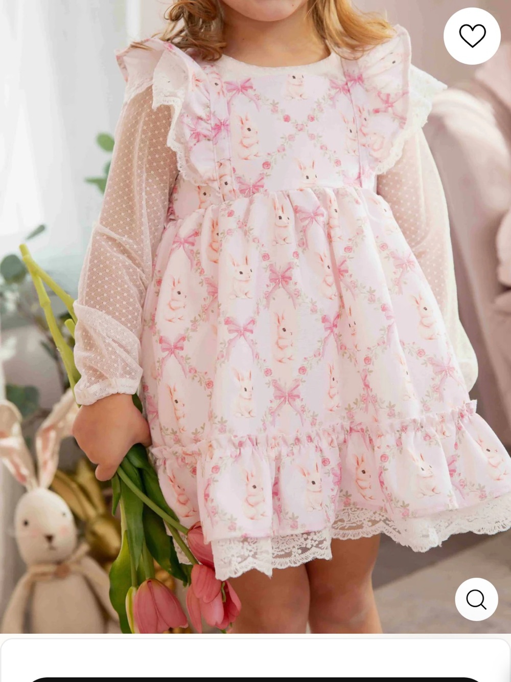 Pink Bunny Print Ruffle Baby Girl Easter Dress with Sheer Ivory Dot Undershirt
